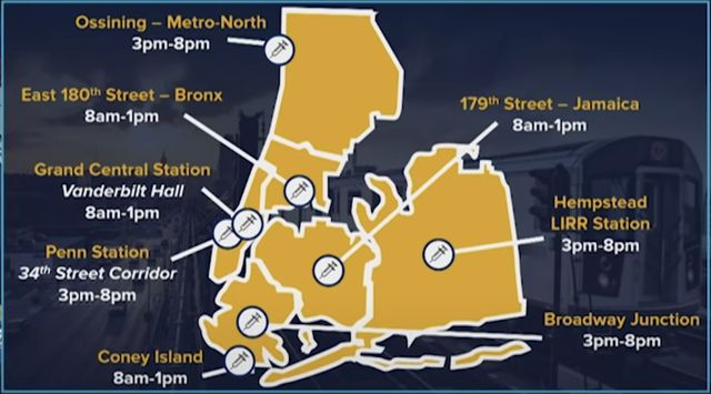 A map showing the location of the subway vaccination sites